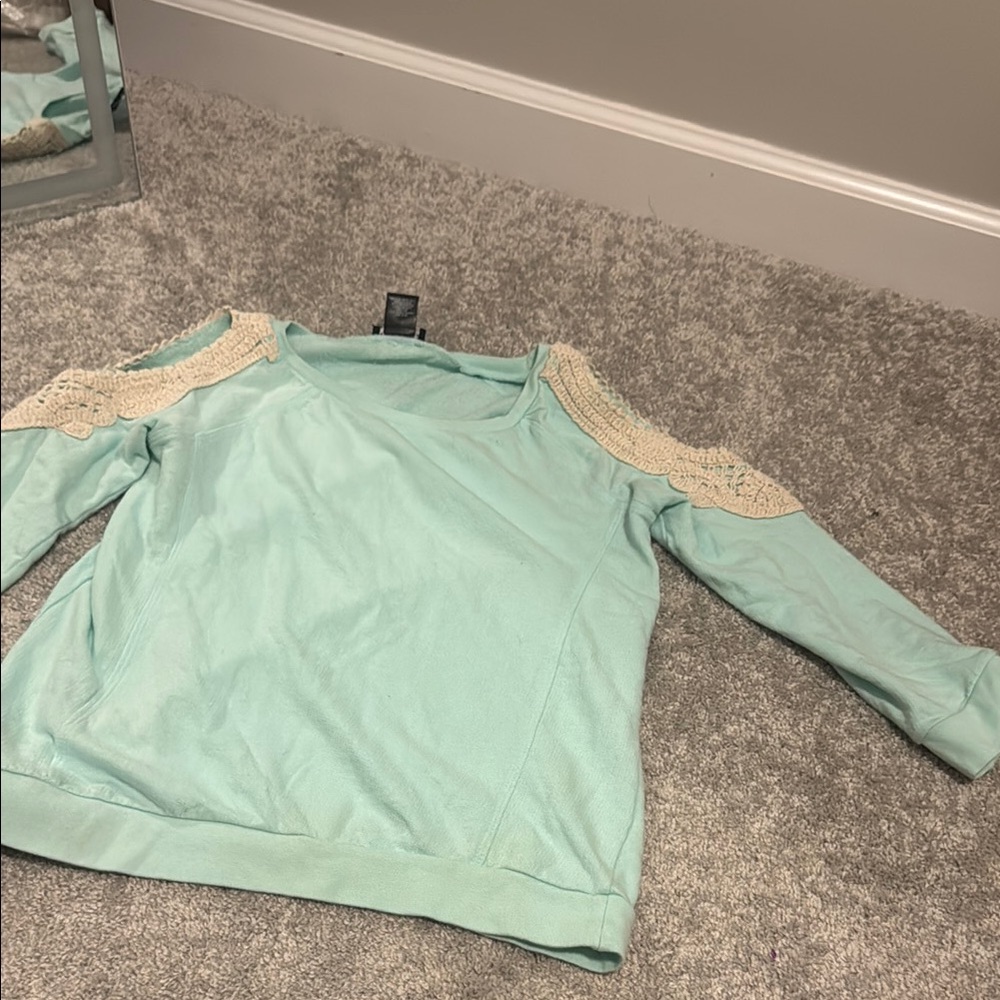 Mint Green Sweater with Lace Shoulders